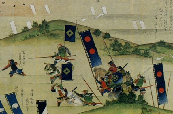 Войска Мацудайра Тадааки торопятся вступить в сражение с солдатами Санада Нобусигэ (Юкимура) в Летней кампании при Осака (1615). Фрагмент иллюстрированного свитка эпохи Эдо.